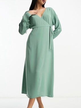 Wrap Midi Dress with tie cuffs in sage green ASOS DESIGN